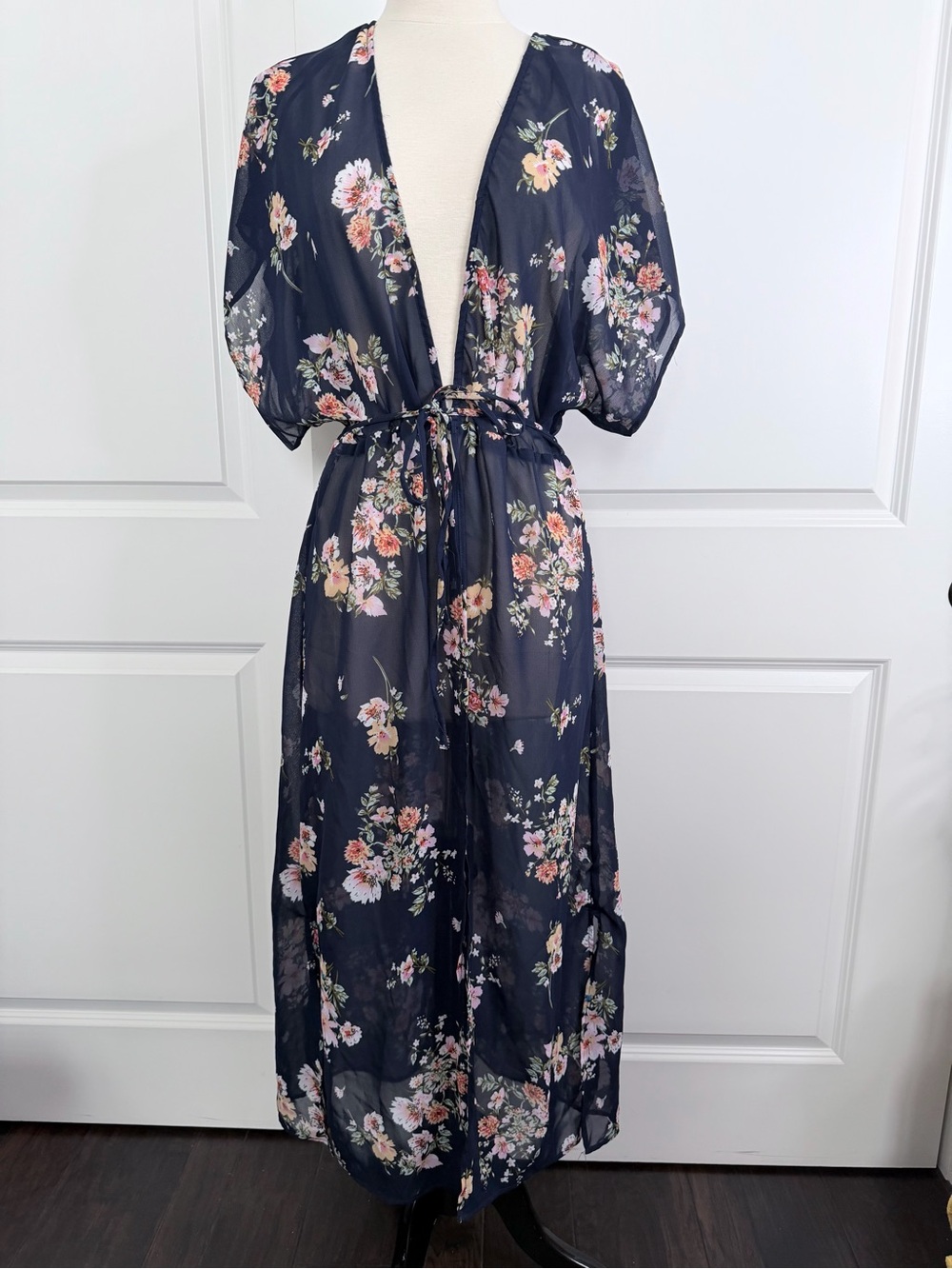 Sim & Sam navy blue floral sheer maxi dress swim cover-up